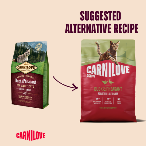 Old to new packaging image of CARNILOVE Active Cat Duck and Pheasant for Sterilised Cats - Pets Villa. 