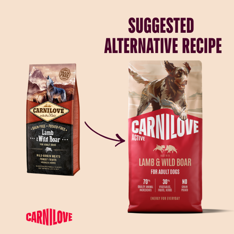 Old to new packaging of CARNILOVE Active Dog Lamb and Wild Boar - Pets Villa.