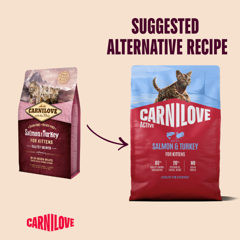 Old to New packaging image of CARNILOVE Active Kitten Salmon and Turkey for Kittens - Pets Villa. 