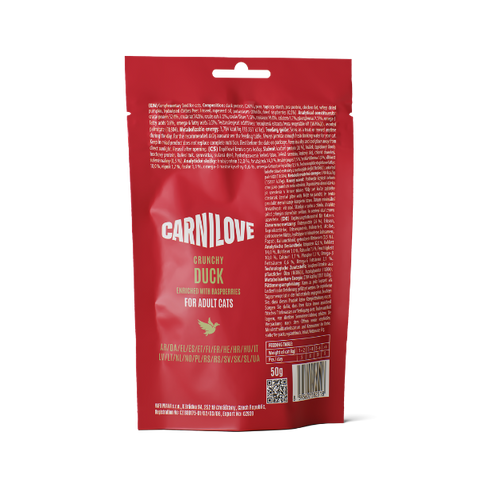 Back image of CARNILOVE Cat Crunchy Duck Enriched with Raspberries Treats 50g - Pets Villa. 