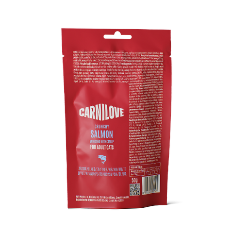 Back image of CARNILOVE Cat Crunchy Salmon Enriched with Catnip Treats 50g - Pets Villa. 
