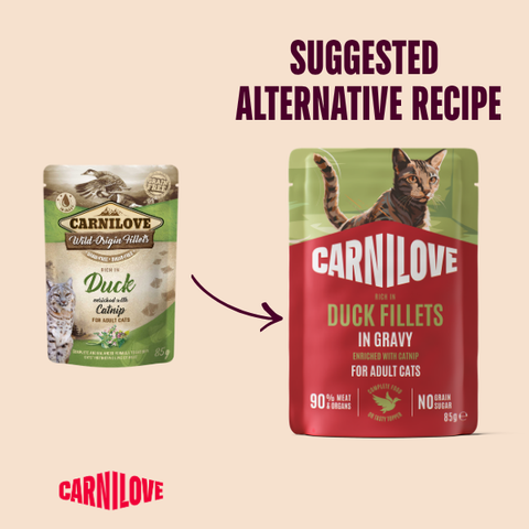 Old to new image of CARNILOVE Cat Duck Fillets Enriched with Catnip in Gravy - Pets Villa. 