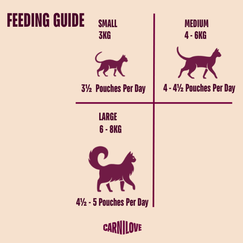 Feeding Guide image of CARNILOVE Cat Pouches in Jelly Multipack 12x85g - Pets Villa. 