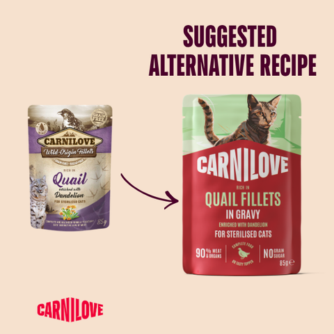 Old to new image of CARNILOVE Cat Quail Fillets Enriched with Dandelion in Gravy - Pets Villa.
