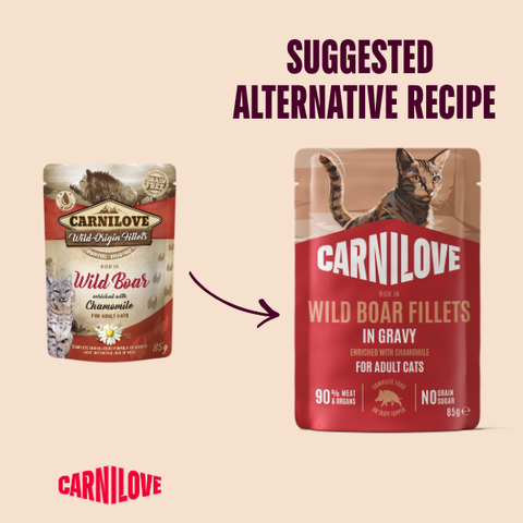Old to new packaging of CARNILOVE Cat Wild Boar Fillets Enriched with Chamomile in Gravy - Pets Villa. 