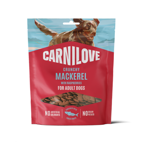 Front image of CARNILOVE Dog Crunchy Mackerel with Raspberries Treats 200g - Pets Villa. 