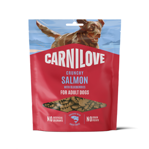 Front image of CARNILOVE Dog Crunchy Salmon with Blueberries Treats 200g - Pets Villa. 