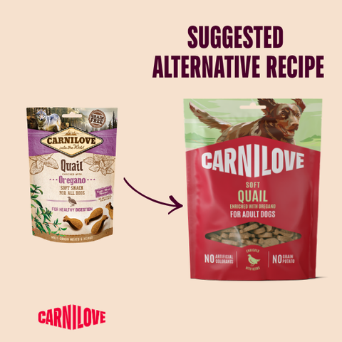 Old to New packaging image of CARNILOVE Dog Soft Quail Enriched with Oregano 200g - Pets Villa. 