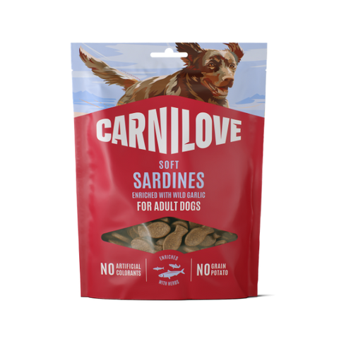 Front image of CARNILOVE Dog Soft Sardines Enrichment with Wild Garlic Treats 200g - Pets Villa.