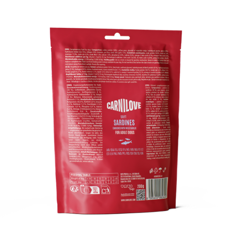 Back image of CARNILOVE Dog Soft Sardines Enrichment with Wild Garlic Treats 200g - Pets Villa. 