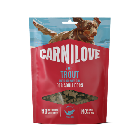 Front image of CARNILOVE Dog Soft Trout Enriched with Dill Treats 200g - Pets Villa. 
