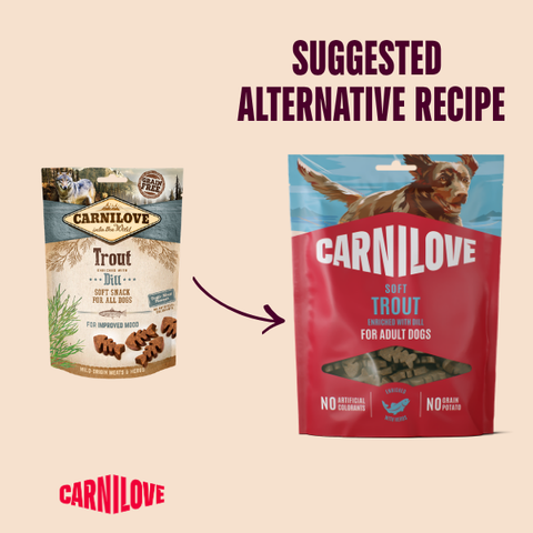 Old to new image of CARNILOVE Dog Soft Trout Enriched with Dill Treats 200g - Pets Villa. 