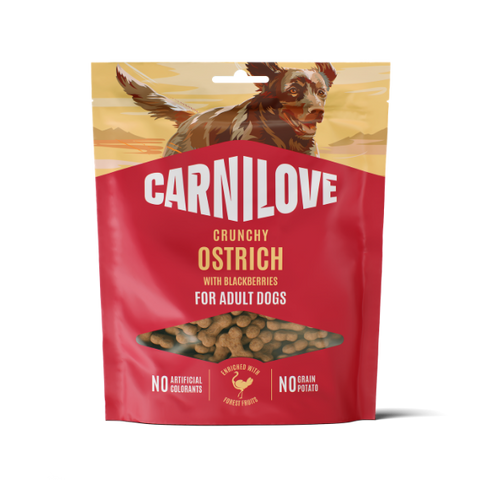 Front image of CARNILOVE Dog Treat Crunchy Ostrich with Blackberries 200g - Pets Villa. 
