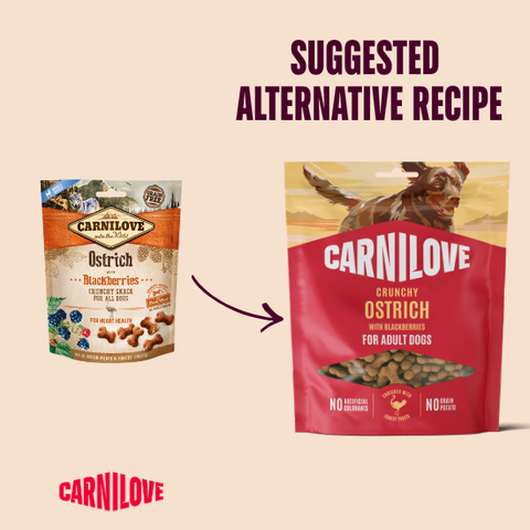 Old to new image of CARNILOVE Dog Treat Crunchy Ostrich with Blackberries 200g - Pets Villa. 