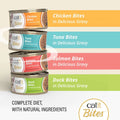Image of the flavours in CATIT Cuisine Bites Selection Variety Pack 12x75g - Pets Villa. 