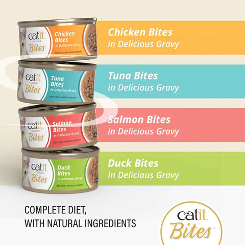 Image of the flavours in CATIT Cuisine Bites Selection Variety Pack 12x75g - Pets Villa. 