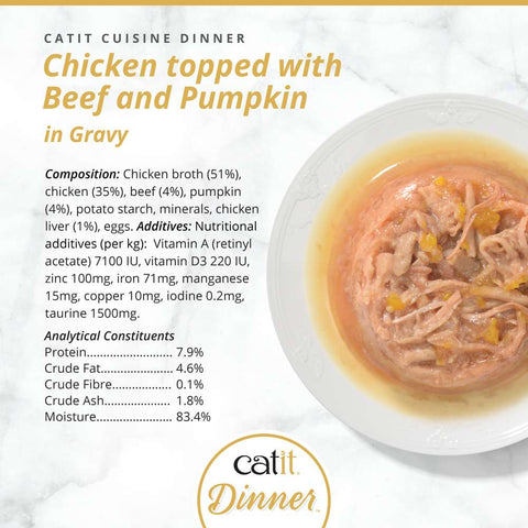 Image of the composition of CATIT Cuisine Dinner Chicken topped with Beef and Pumpkin - Pets Villa. 