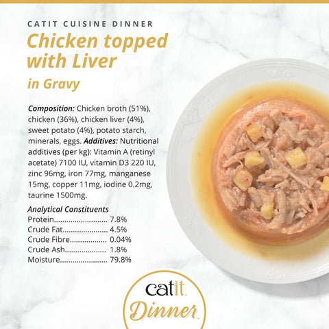 Image of the composition of CATIT Cuisine Dinner Chicken topped with Liver - Pets Villa. 
