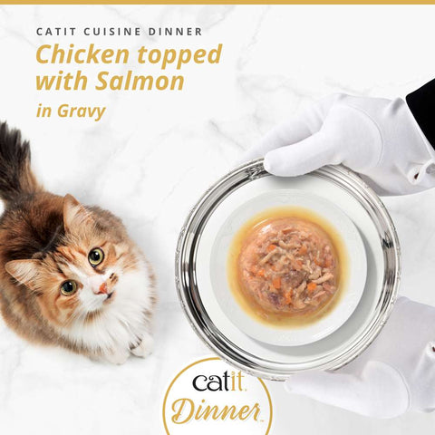 Image of CATIT Cuisine Dinner Chicken topped with Salmon on a plate - Pets Villa. 