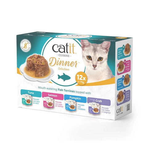 Front image of CATIT Cuisine Dinner Fish Selection Variety Pack 12x75g - Pets Villa. 