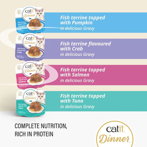 Image of the contents of CATIT Cuisine Dinner Fish Selection Variety Pack 12x75g - Pets Villa. 