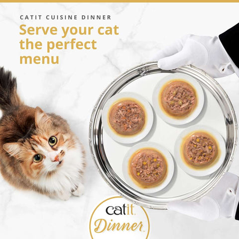 Image of CATIT Cuisine Dinner Fish Selection Variety Pack 12x75g on plates - Pets Villa. 