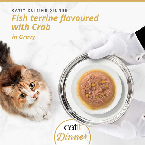 Image of CATIT Cuisine Dinner Fish Terrine flavoured with Crab on a plate - Pets Villa.
