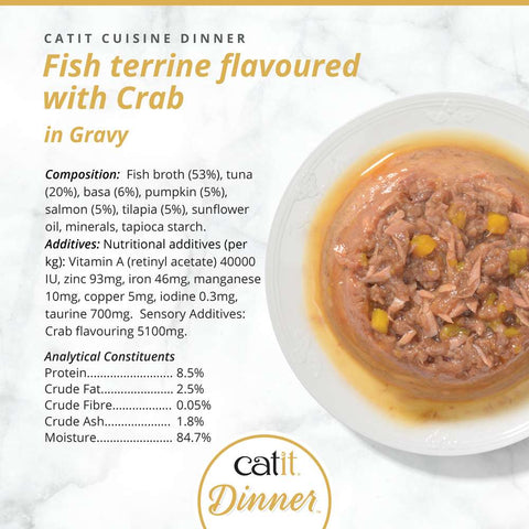 Image of the composition of CATIT Cuisine Dinner Fish Terrine flavoured with Crab - Pets Villa. 