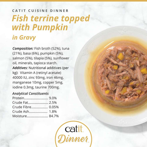 Image of the composition of CATIT Cuisine Dinner Fish Terrine topped with Pumpkin -Pets Villa. 