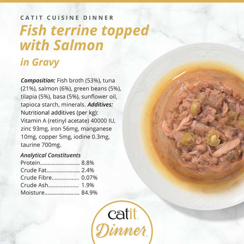 Image of the composition of CATIT Cuisine Dinner Fish Terrine topped with Salmon - Pets Villa. 