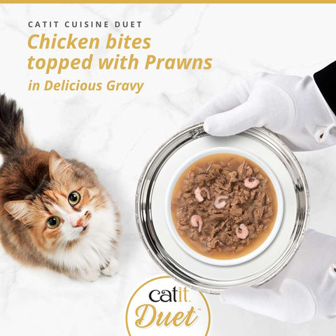 Image of CATIT Cuisine Duet Chicken Bites topped with Prawns on a plate - Pets Villa.