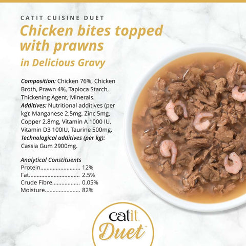 Image of the composition of CATIT Cuisine Duet Chicken Bites topped with Prawns - Pets Villa.