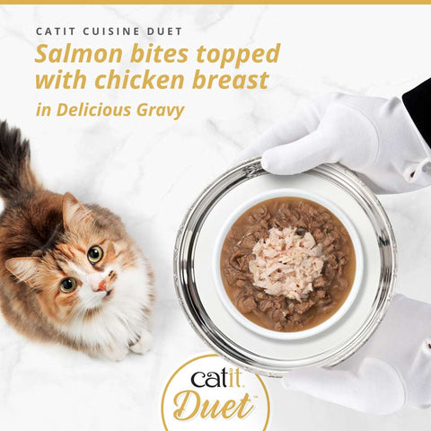 Image of CATIT Cuisine Duet Salmon Bites topped with Chicken Breast on a plate - Pets Villa. 