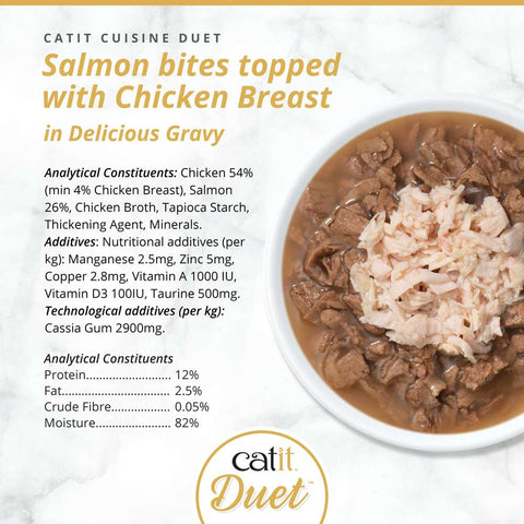 Image of the composition of CATIT Cuisine Duet Salmon Bites topped with Chicken Breast - Pets Villa. 