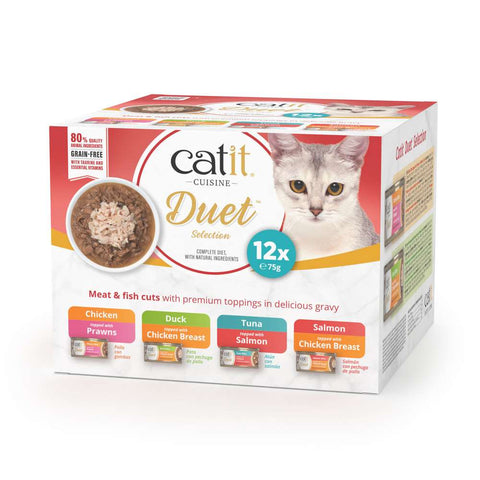 Front image of CATIT Cuisine Duet Selection Variety Box 12x75g - Pets Villa. 