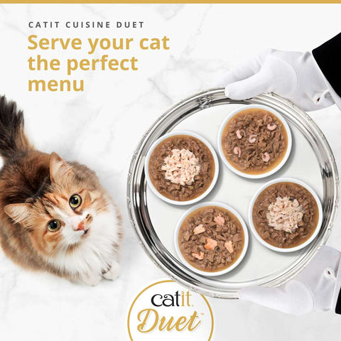 Image of CATIT Cuisine Duet Selection Variety Box 12x75g on plates - Pets Villa. 