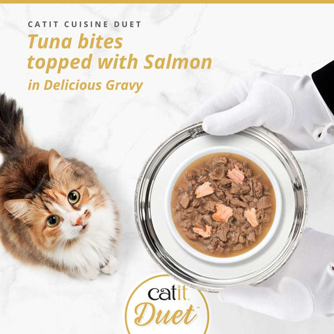 Image of CATIT Cuisine Duet Tuna Bites topped with Salmon  on a plate - Pets Villa. 