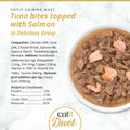 Image of the composition of CATIT Cuisine Duet Tuna Bites topped with Salmon - Pets Villa. 