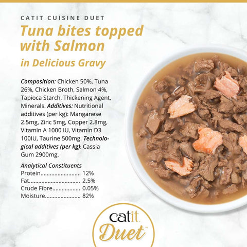 Image of the composition of CATIT Cuisine Duet Tuna Bites topped with Salmon - Pets Villa. 