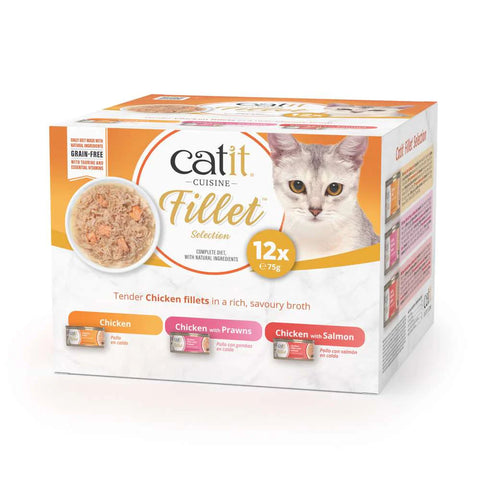 Front image of CATIT Cuisine Fillet Chicken Selection Variety Pack 12x75g - Pets Villa. 