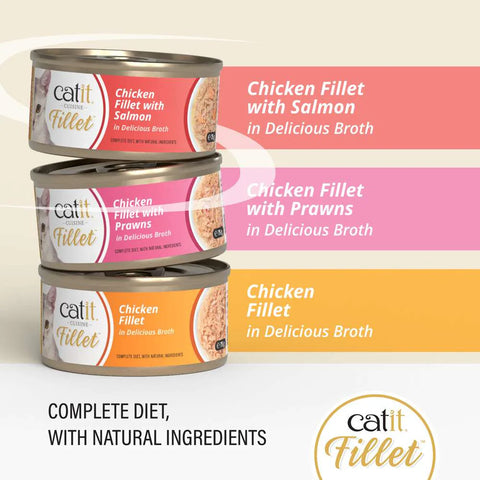 Image of the flavours within CATIT Cuisine Fillet Chicken Selection Variety Pack 12x75g - Pets Villa. 