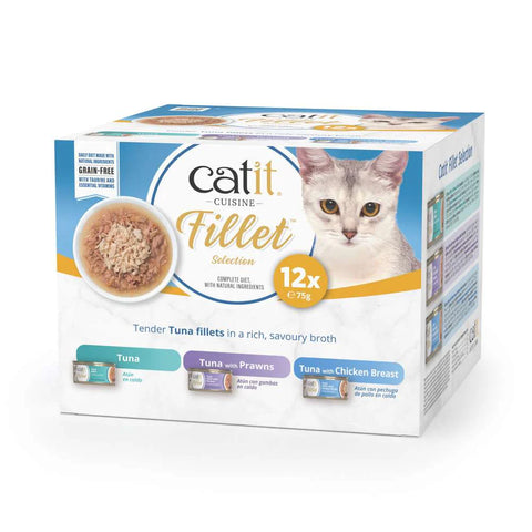 Front image of CATIT Cuisine Fillet Tuna Selection Variety Pack 12x75g - Pets Villa. 