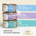Image of the flavours within CATIT Cuisine Fillet Tuna Selection Variety Pack 12x75g - Pets Villa.