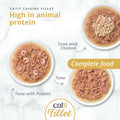 Image of CATIT Cuisine Fillet Tuna Selection Variety Pack 12x75g on plates - Pets Villa. 