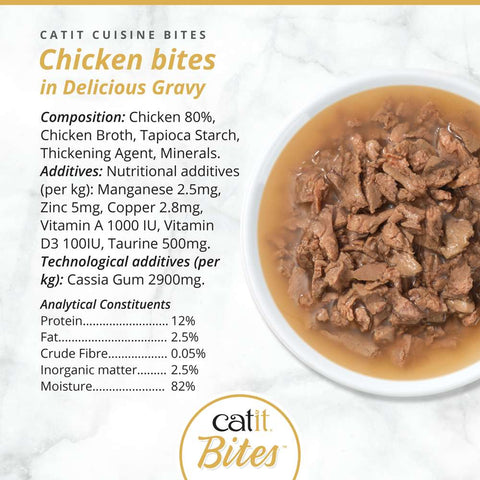 Image of the composition of CATIT Cusisine Chicken Bites in Delicious Gravy - Pets Villa. 