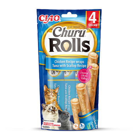 Front image of CHURU Cat Rolls Chicken Recipe Wraps Tuna with Scallop Recipe 4pcs - Pets Villa. 