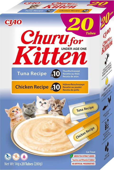 Front image of CHURU Kitten Treat Variety Box Tuna and Chicken Flavour 20x14g - Pets Villa. 