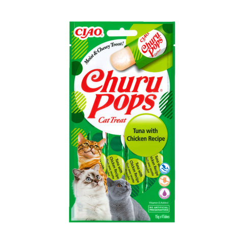 Front image of CHURU Pops Cat Tuna with Chicken Recipe 4x15g - Pets Villa. 