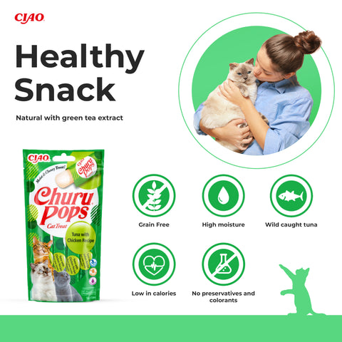 Image of key features of CHURU Pops Cat Tuna with Chicken Recipe 4x15g - Pets Villa.