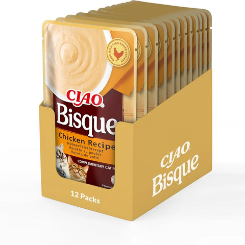 Image of a multipack of CIAO Bisque Chicken Recipe Complementary Cat Food - Pets Villa.